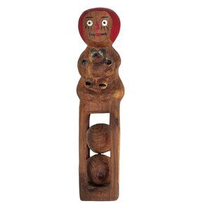 Hand-Carved Folk Art Wooden Figurine Painted Features & Bear w/ 2 rattle balls